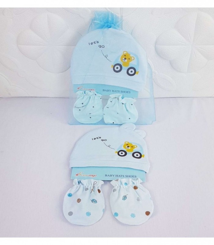 KIT DE GORRA Y GUANTE PARA BEBE- COLOR CELESTE
